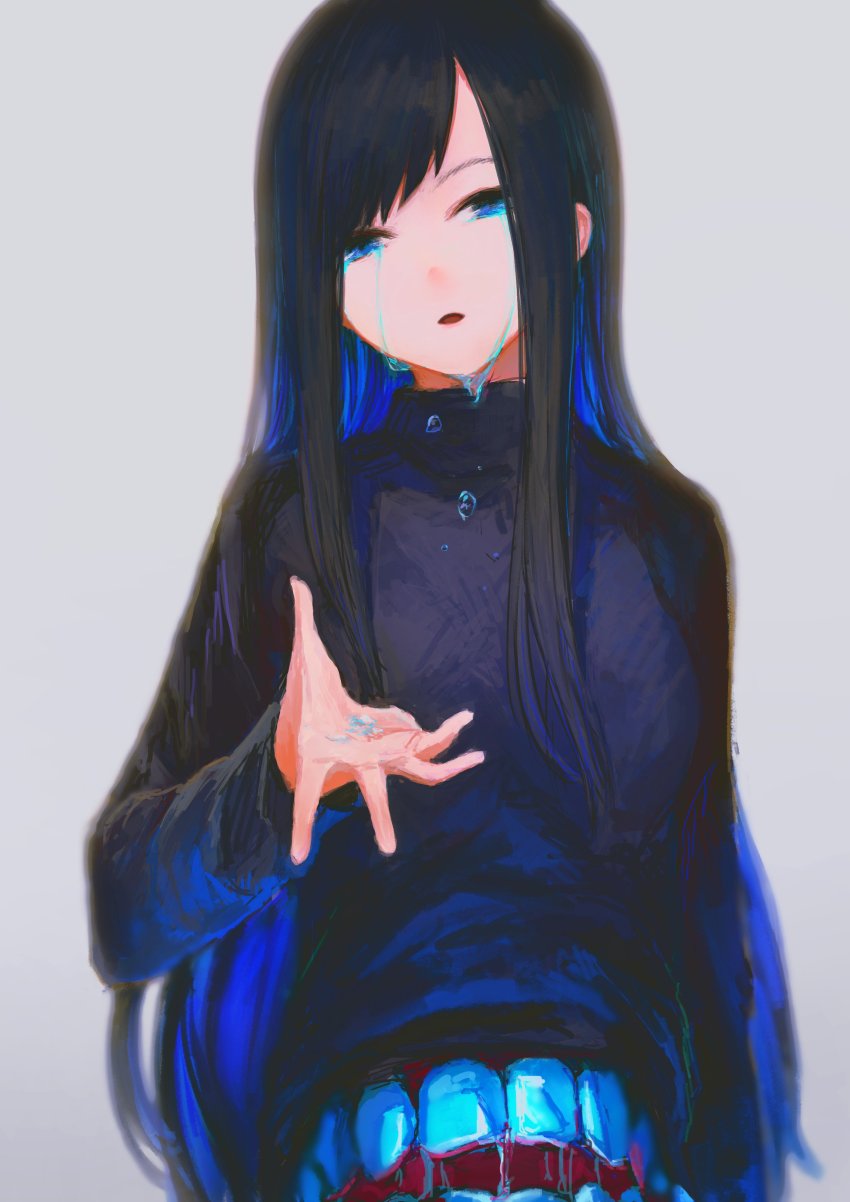 1girl, absurdres, black_hair, blue_eyes, blue_hair, borrowed_character, crying, dripping, extra_mouth, grey_background, highres, long_hair, momokumo, multicolored_hair, open_mouth, original, saliva, simple_background, solo, tears, teeth, turtleneck, uosaki_(muki), upper_body