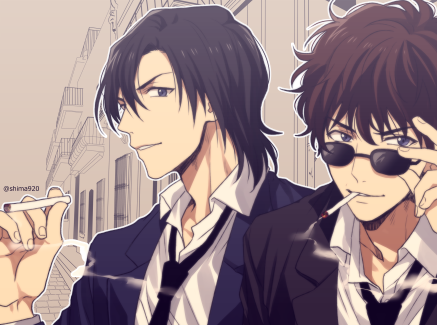 2boys, adjusting_eyewear, black_hair, black_jacket, black_neckwear, blue_eyes, blue_jacket, brown_hair, cigarette, collared_shirt, commentary_request, formal_clothes, hagiwara_kenji, hair_between_eyes, holding, holding_cigarette, house, jacket, looking_at_viewer, male_focus, mashima_shima, matsuda_jinpei, meitantei_conan, mouth_hold, multiple_boys, necktie, outline, road, shirt, smile, smoke, smoking, street, suit, sunglasses, twitter_username, upper_body, white_outline, white_shirt