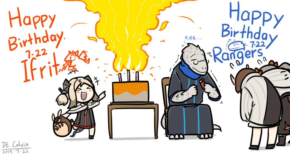 1boy, 3girls, arknights, birthday_cake, bowing, cake, chibi, closed_eyes