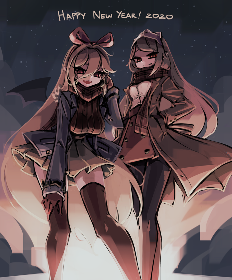 2020, 2girls, arm_up, bat_wings, black_legwear, blonde_hair, blue_jacket, bow_hairband