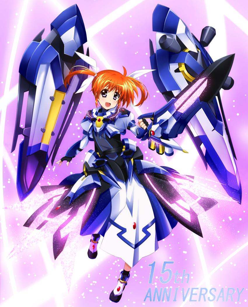 1girl, :d, absurdres, anniversary, armor, armored_dress, armored_skirt, black_gloves