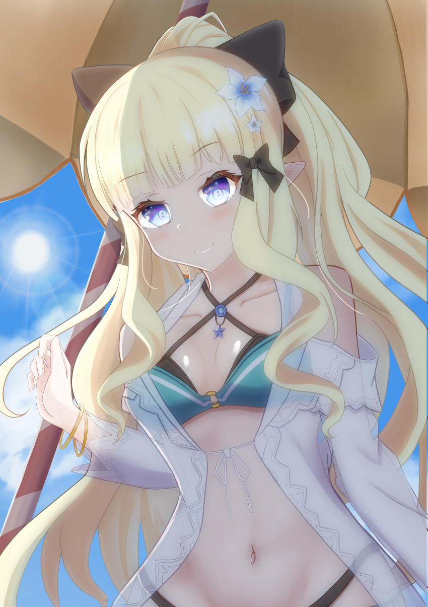 1girl, absurdres, aqua_bikini, bikini, black_bow, blonde_hair, blue_eyes, blush