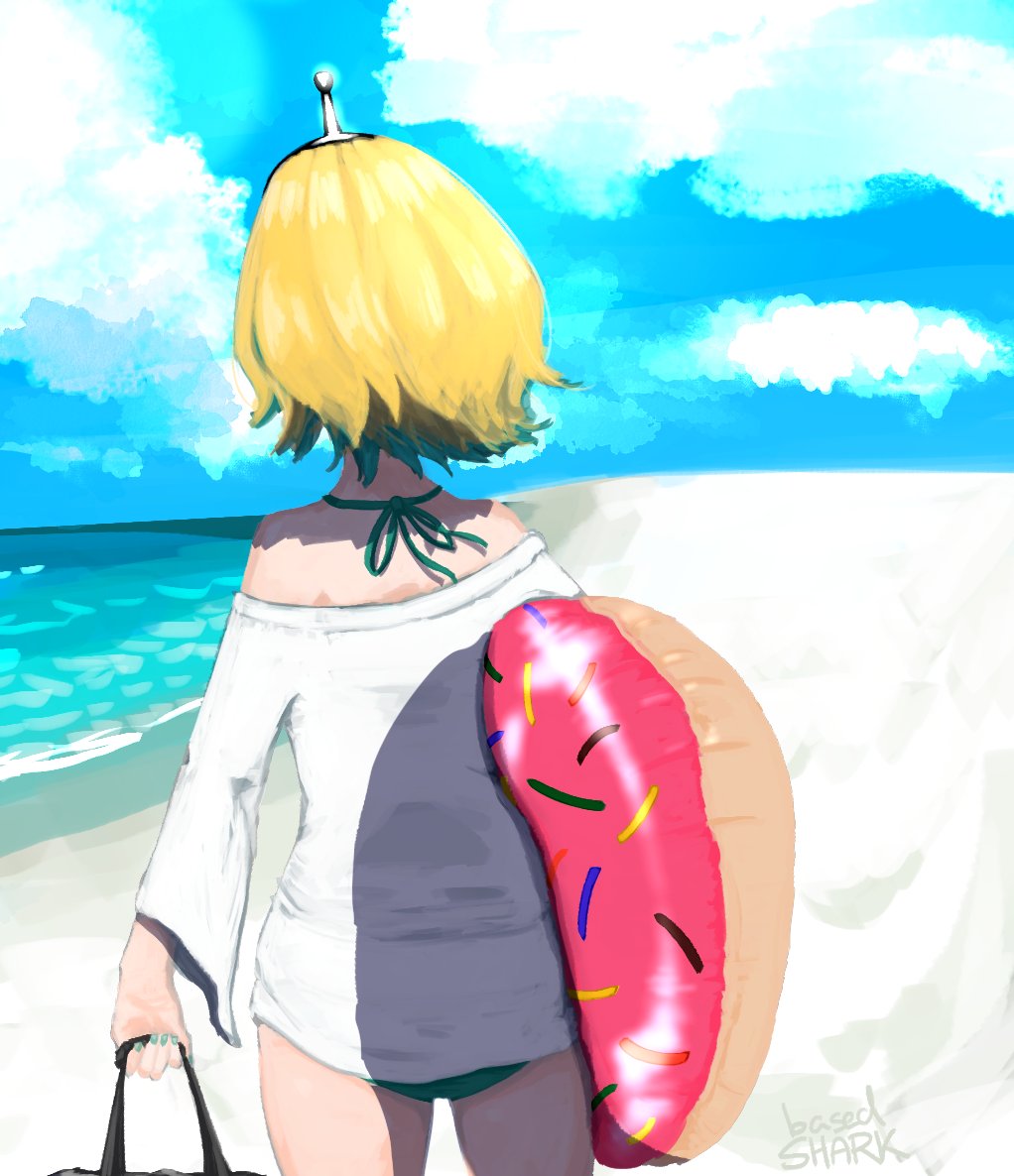 1girl, amano_pikamee, artist_name, bag, bare_shoulders, basedshark, beach, bikini