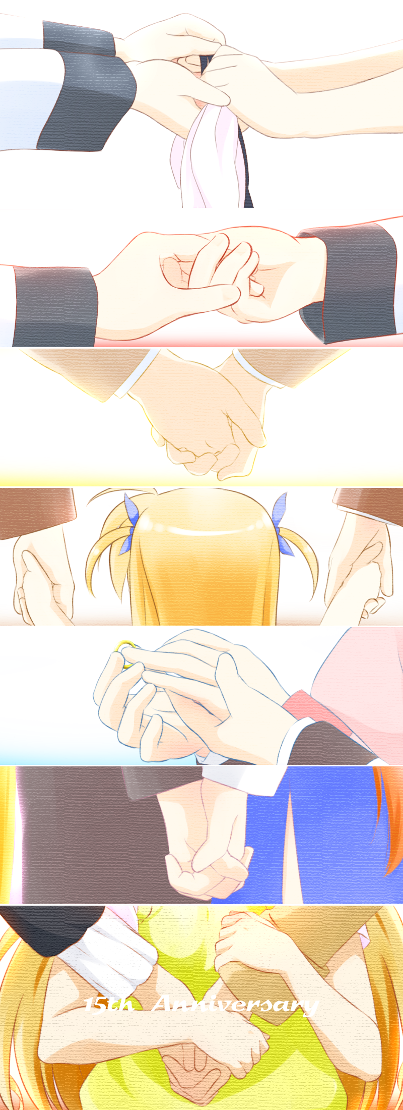 3girls, anniversary, black_ribbon, blonde_hair, blue_ribbon, couple, family, fate_testarossa