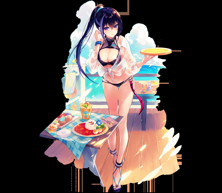 1girl, artist_request, beach, bikini, black_bikini, blue_hair, blush, breasts