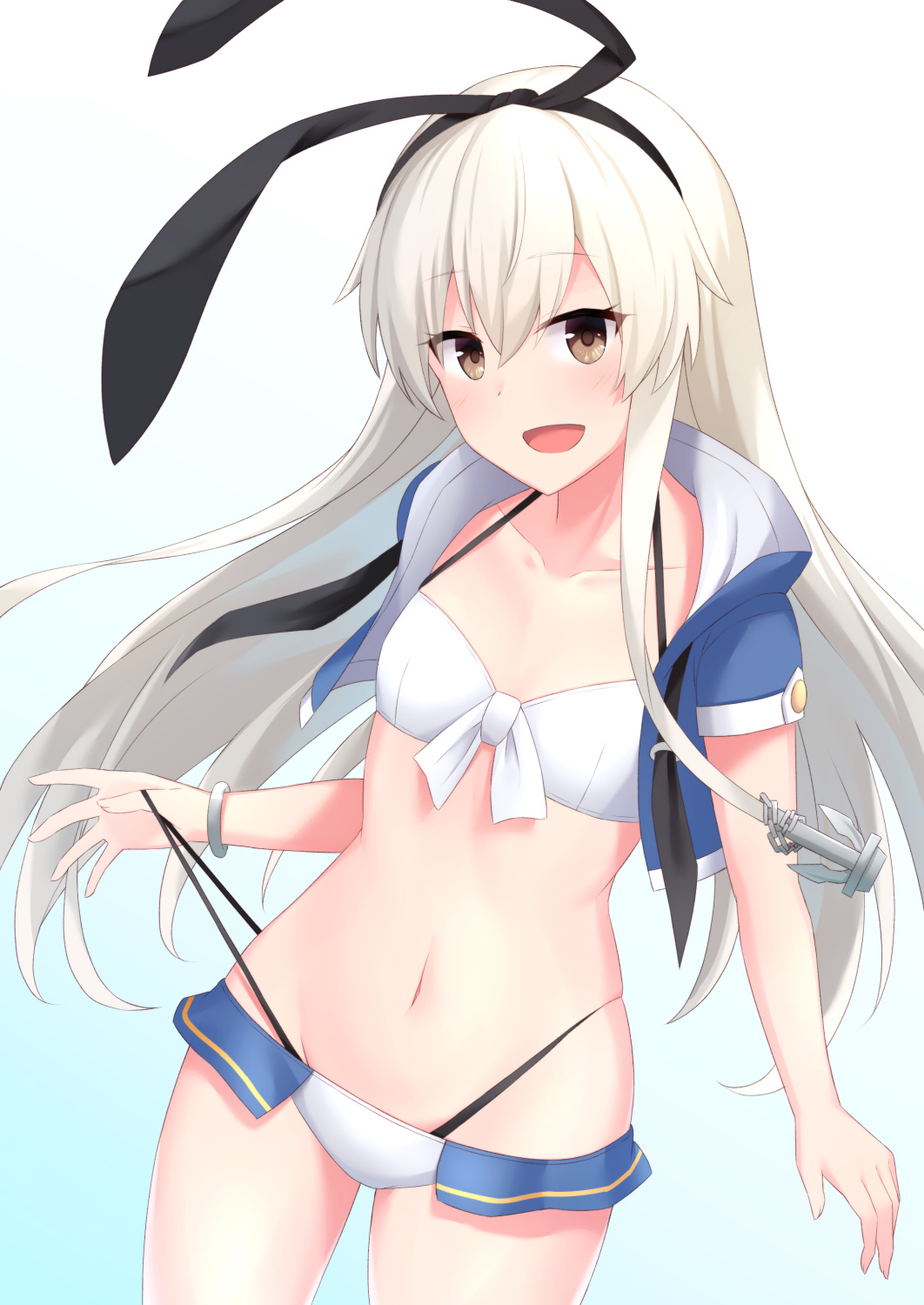 1girl, :d, akahi_(akahi242), anchor_hair_ornament, bikini, black_hairband, black_ribbon, blue_background