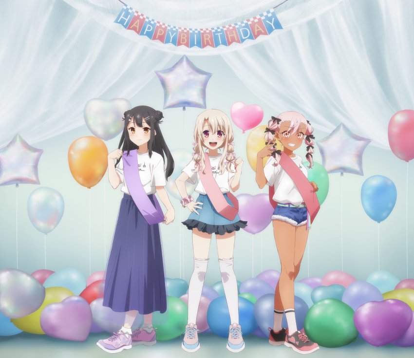 3girls, :d, artist_request, balloon, belt, belt_buckle, birthday, birthday_party
