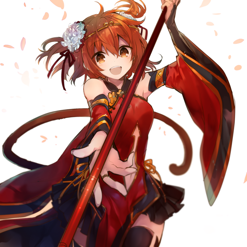 1girl, :d, bad_id, bad_pixiv_id, bare_shoulders, clothing_cutout, cowboy_shot, cyawa, detached_sleeves, dress, fate/grand_order, fate_(series), flower, fujimaru_ritsuka_(female), fujimaru_ritsuka_(female)_(the_three_great_heroes), hair_flower, hair_ornament, holding, holding_staff, long_sleeves, looking_at_viewer, navel, navel_cutout, official_alternate_costume, one_side_up, open_mouth, orange_eyes, orange_hair, red_dress, short_hair, smile, solo, staff, standing, sun_wukong, thighhighs, white_flower, wide_sleeves
