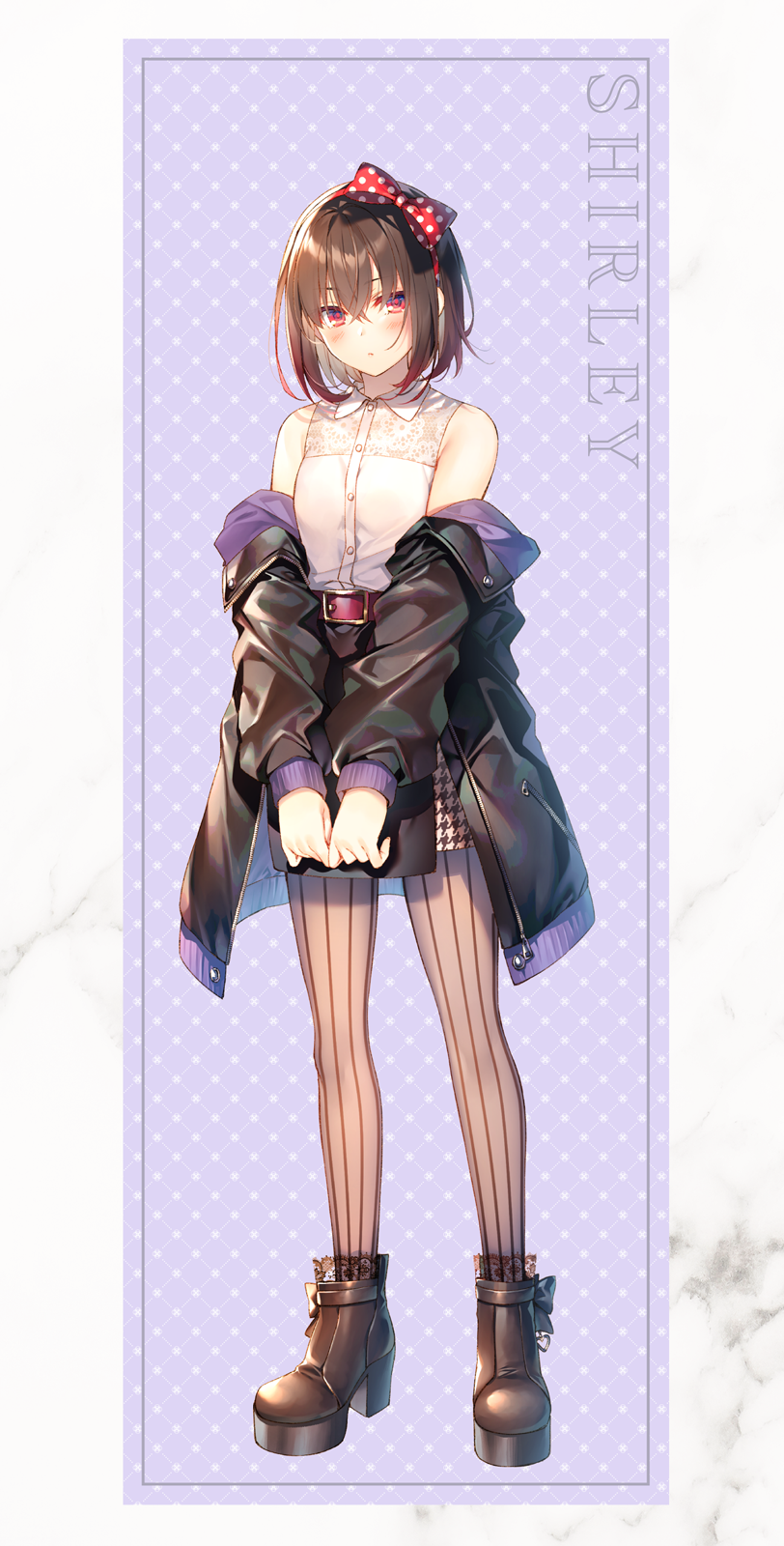 1girl, ankle_boots, bare_shoulders, belt, belt_buckle, black_jacket, black_skirt, blush