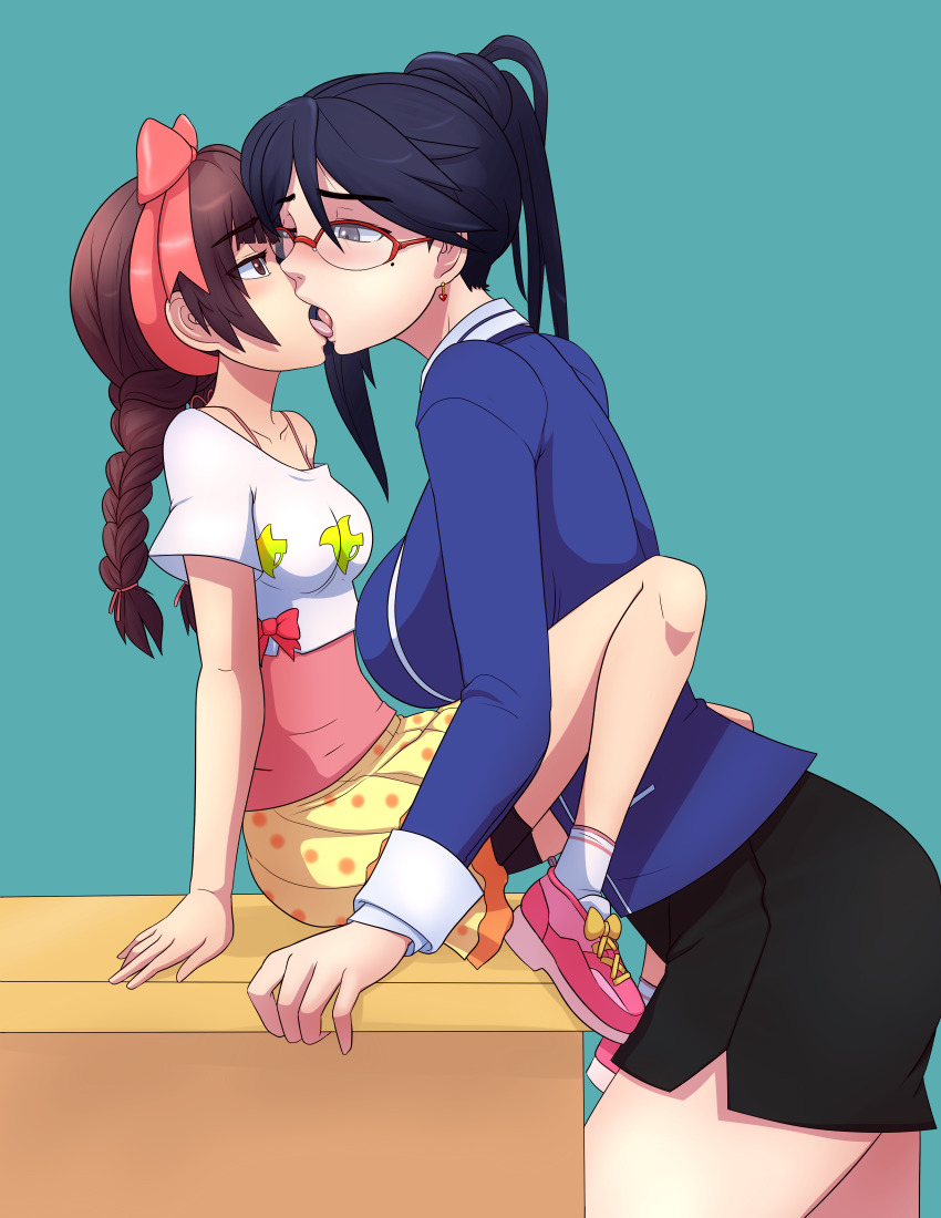 2girls, absurdres, age_difference, black_hair, blue_eyes, blush, braid, brown_eyes, brown_hair, commission, commissioner_upload, earrings, fire_emblem, french_kiss, glasses, hair_ribbon, highres, jacket, jewelry, kiss, long_hair, m-a-v-e-r-i-c-k, minamoto_mamori, miniskirt, mole, mole_under_eye, multiple_girls, nintendo, onee-loli, ponytail, red_ribbon, ribbon, shimazaki_maiko, size_difference, skirt, tokyo_mirage_sessions_fe, tongue, tongue_out, twin_braids, yuri