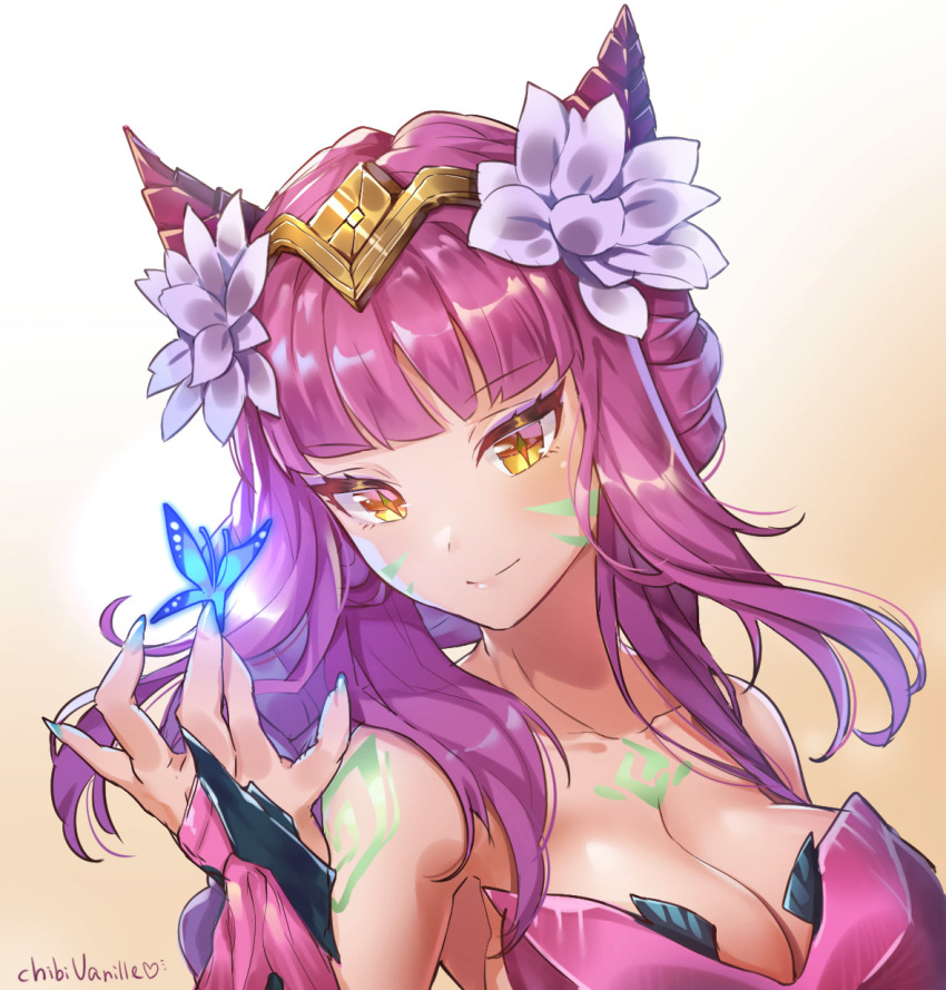1girl, ahri_(league_of_legends), alternate_costume, alternate_eye_color, alternate_hair_color, animal_ears, blue_butterfly, blush, breasts, bug, butterfly, chibi_vanille, cleavage, elderwood_ahri, facial_mark, flower, hair_flower, hair_ornament, highres, horns, insect, large_breasts, league_of_legends, long_hair, nail_polish, purple_hair, purple_nails, shiny_skin, simple_background, smile, solo, tattoo, vastaya, whisker_markings, whiskers, yellow_eyes
