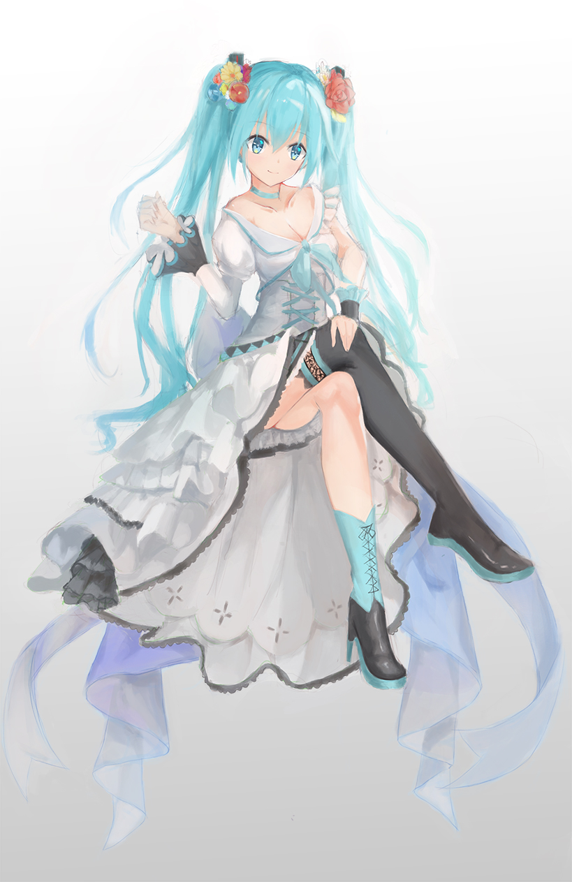 1girl, asymmetrical_legwear, asymmetrical_sleeves, black_boots, blue_choker, blue_eyes, blue_hair, blue_ribbon