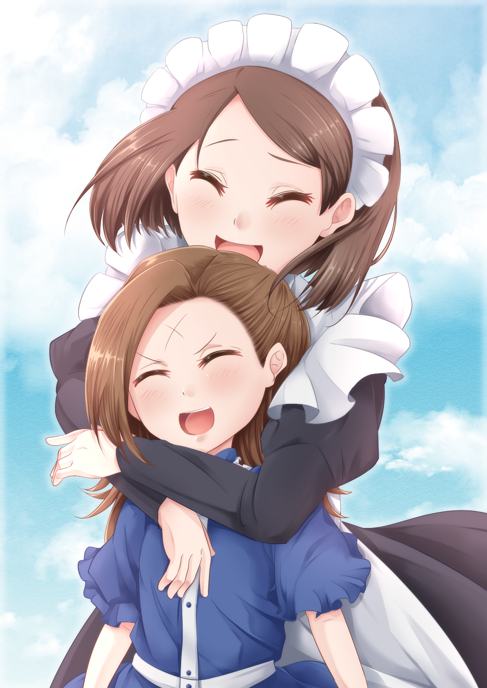 2girls, :d, anne_shelley, apron, arms_around_neck, asymmetrical_bangs, black_dress, blue_dress, blue_sky, brown_hair, closed_eyes, cloud, cloudy_sky, commentary, day, dress, facing_viewer, female_focus, frilled_sleeves, frills, happy, highres, hug, hug_from_behind, juliet_sleeves, kaigara_suupu, katarina_claes, long_dress, long_sleeves, maid, maid_apron, maid_headdress, medium_hair, multiple_girls, open_mouth, otome_game_no_hametsu_flag_shika_nai_akuyaku_reijou_ni_tensei_shite_shimatta, outdoors, puffy_sleeves, scar, scar_on_face, scar_on_forehead, short_hair, short_sleeves, sky, smile, standing, swept_bangs, v-shaped_eyebrows, white_apron