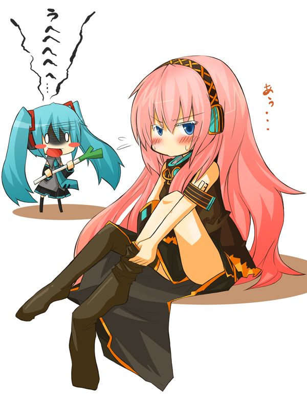 aqua_eyes, aqua_hair, blush, chibi, hatsune_miku, headphones, kumakichi, long_hair