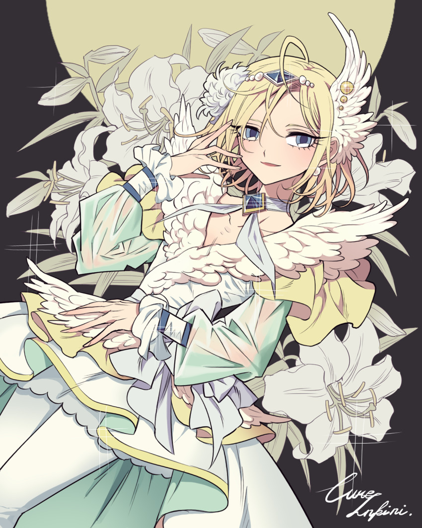 1boy, androgynous, bad_id, bad_pixiv_id, bishounen, blonde_hair, blue_eyes, bob_cut, character_name, choker, cure_infini, english_text, flower, hair_ornament, highres, hugtto!_precure, jewelry, lily_(flower), long_sleeves, looking_at_viewer, magical_boy, male_focus, meremero, precure, ribbon, solo, sparkle, wakamiya_henri, wing_hair_ornament