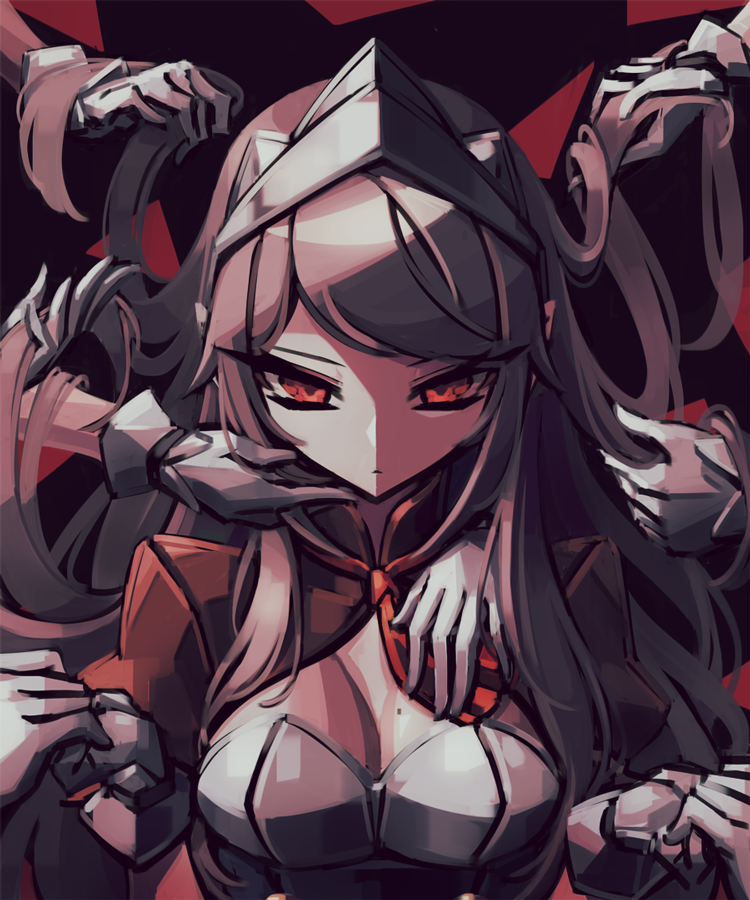 1girl, ascot, breasts, brown_hair, cleavage, closed_mouth, commentary_request, expressionless