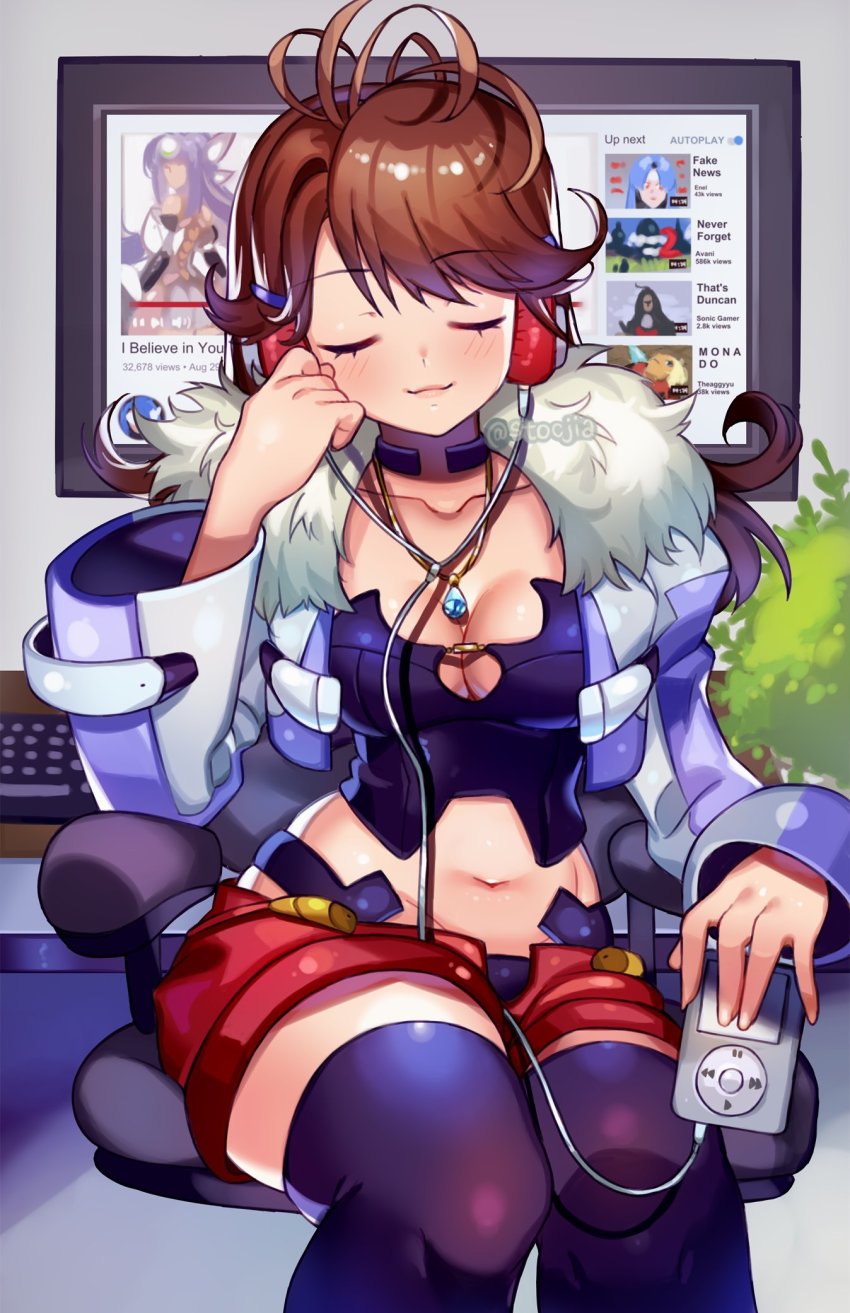 :3, ardainian_soldier, breasts, brown_hair, chair, cleavage, computer, computer_keyboard, cropped_jacket, dunban_(xenoblade), fur_trim, glasses, headphones, highres, indoors, ipod, kos-mos, lips, long_hair, medium_breasts, midriff, mp3_player, navel, nintendo, office_chair, red_shorts, shion_uzuki, shorts, shulk_(xenoblade), sitting, smile, solo, swivel_chair, thighhighs, xenoblade_chronicles_(series), xenoblade_chronicles_1, xenoblade_chronicles_2, xenosaga, yagi_(kyuhyun), youtube