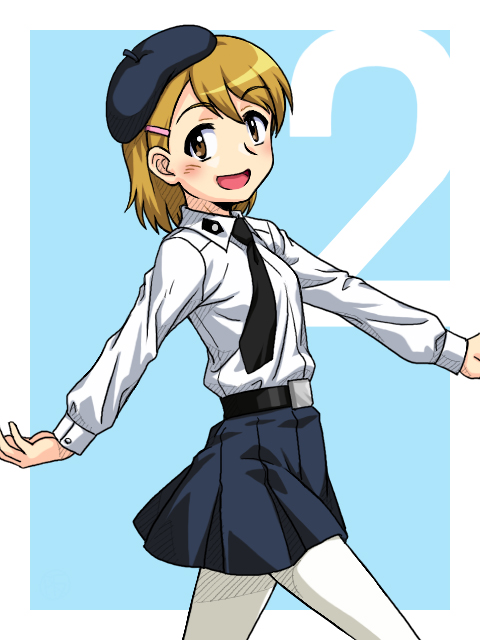 1girl, anzio_school_uniform, belt, beret, black_belt, black_hat, black_neckwear, black_skirt, blonde_hair, blue_background, brown_eyes, commentary_request, dress_shirt, from_side, gelato_(girls_und_panzer), girls_und_panzer, hair_ornament, hairclip, hat, long_hair, long_sleeves, looking_at_viewer, miniskirt, necktie, oosaka_kanagawa, open_mouth, pantyhose, pleated_skirt, school_uniform, shirt, short_hair, skirt, smile, standing, text_background, tilted_headwear, walking, white_pantyhose, white_shirt, wing_collar