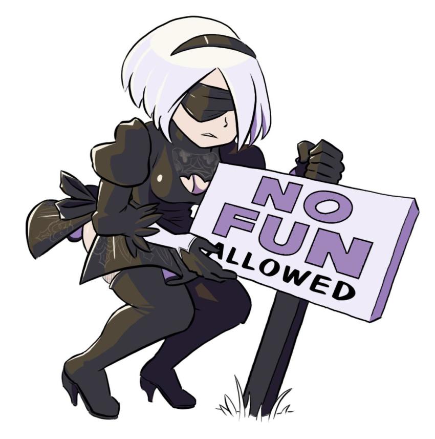 1girl, 2b_(nier:automata), android, english_text, green_theme, meme, nier:automata, nier_(series), no_fun_allowed_(meme), sign, simple_background, solo, tagme