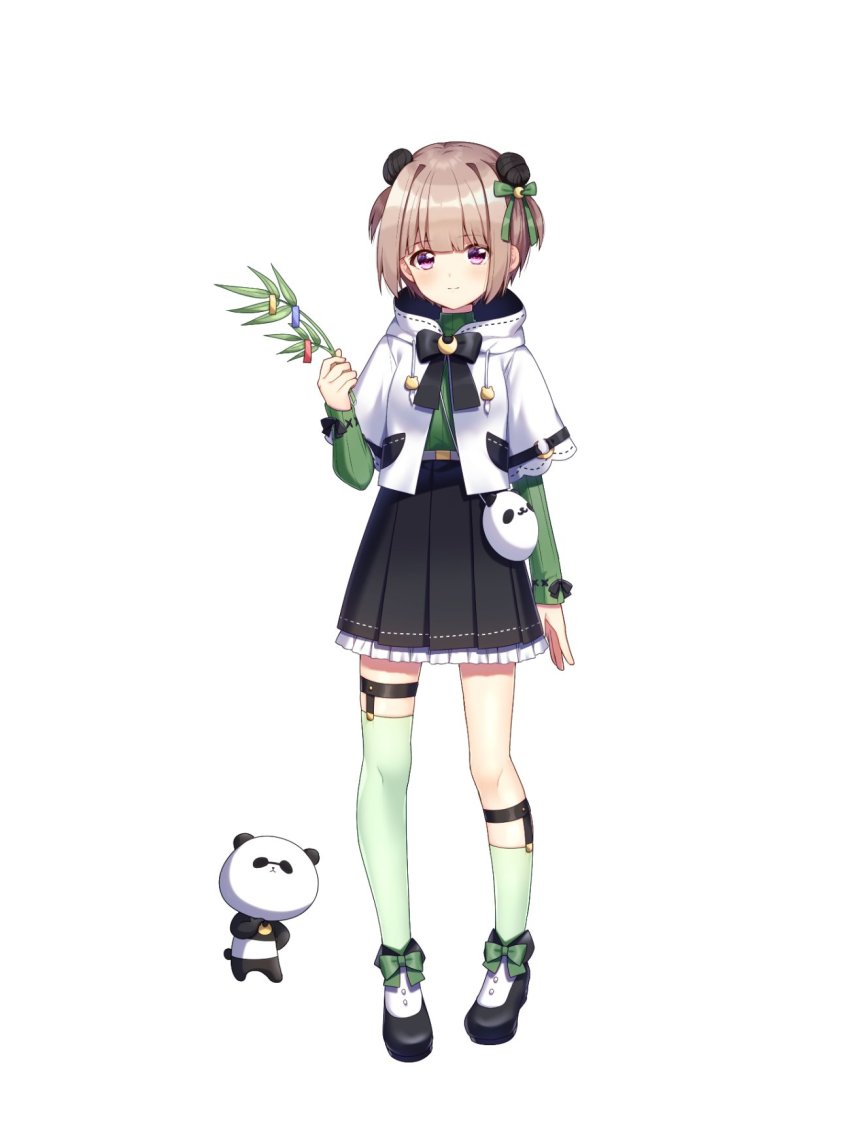 asymmetrical_legwear, bad_id, bad_twitter_id, black_bow, black_footwear, black_skirt, bow, brown_hair, full_body, garter_straps, green_bow, hair_bow, harvest_moon_(vtuber), highres, long_sleeves, looking_at_viewer, official_art, purple_eyes, short_hair, simple_background, skirt, solo, standing, stuffed_animal, stuffed_toy, teddy_bear, tsukinowa_noa, uneven_legwear, virtual_youtuber, white_background