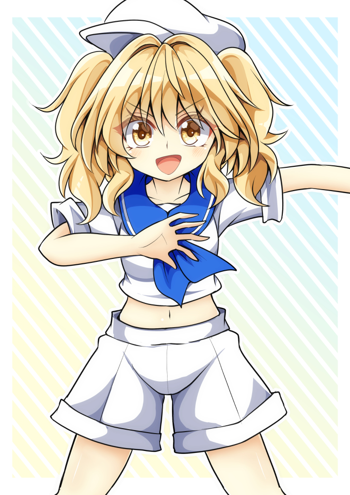 1girl, blonde_hair, gradient_background, hair_between_eyes, keyaki_chimaki, kitashirakawa_chiyuri, looking_at_viewer, medium_hair, navel, open_mouth, sailor, shirt, short_sleeves, shorts, smile, solo, striped_background, touhou, touhou_(pc-98), twintails, uniform, v-shaped_eyebrows, white_headwear, white_shirt, white_shorts, white_sleeves, yellow_eyes