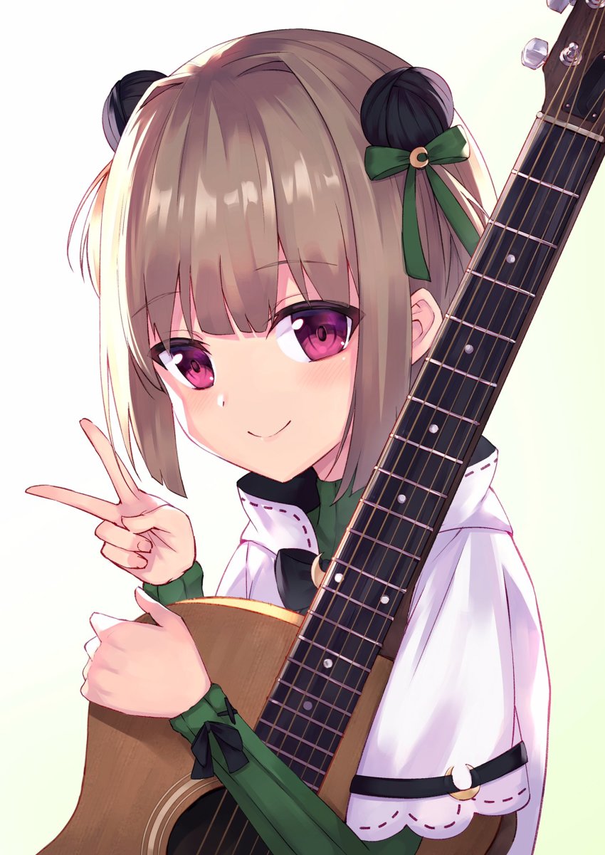 1girl, bow, brown_hair, green_bow, guitar, hair_bow, hair_ornament, harvest_moon_(vtuber)