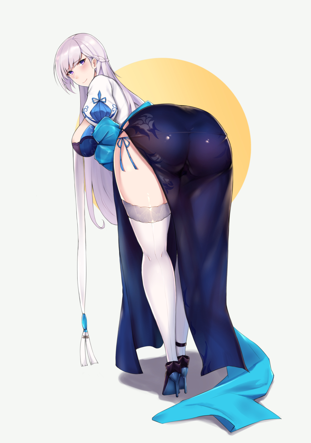 1girl, ass, ass_focus, azur_lane, belfast_(azur_lane), belfast_(iridescent_rosa)_(azur_lane), bent_over, blue_eyes, braid, breasts, china_dress, chinese_clothes, curvy, dress, enico, from_behind, full_body, grey_background, half_up_braid, high_heels, highres, large_breasts, leaning_forward, long_hair, pantylines, plump, shadow, silver_hair, smile, solo, string, thighhighs, thighs, very_long_hair