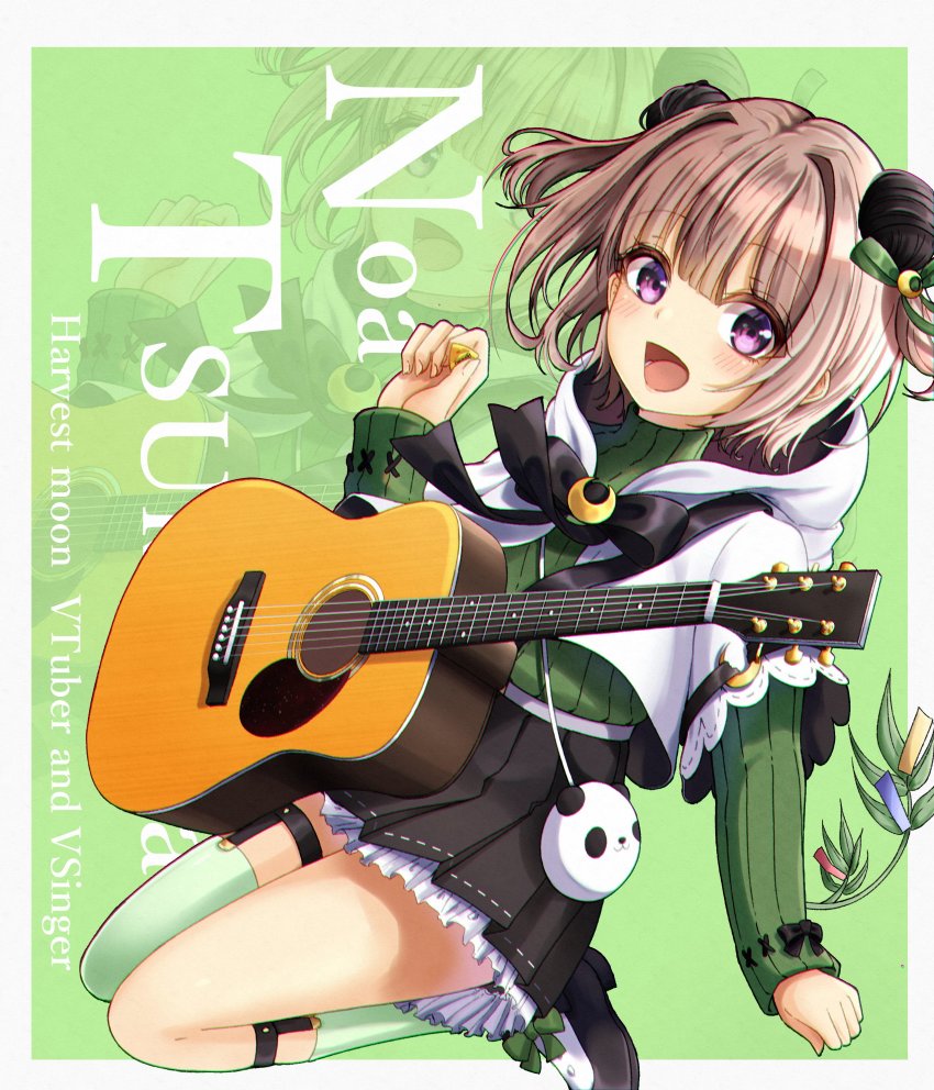 absurdres, asymmetrical_legwear, black_bow, black_footwear, black_skirt, bow, brown_hair, character_name