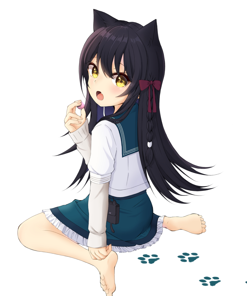 1girl, :o, absurdres, animal_ears, barefoot, black_hair, bow, braid