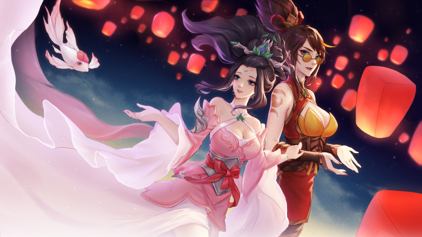 2girls, alternate_costume, bare_shoulders, black_hair, blue_eyes, breasts, brown_hair, cleavage, firecracker_vayne, fish, glasses, highres, janna_(league_of_legends), jewelry, kezi, koi, lantern_festival, large_breasts, league_of_legends, long_hair, looking_over_eyewear, looking_over_glasses, multiple_girls, nail_polish, orange-tinted_eyewear, orange-tinted_glasses, paper_lantern, ponytail, sacred_sword_janna, sky_lantern, smile, sunglasses, tattoo, tinted_eyewear, vayne_(league_of_legends)