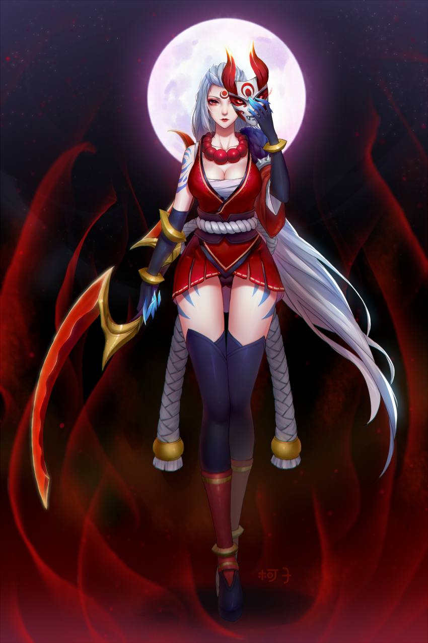 1girl, alternate_costume, blood_moon_diana, breasts, cleavage, diana_(league_of_legends), facial_mark, forehead_mark