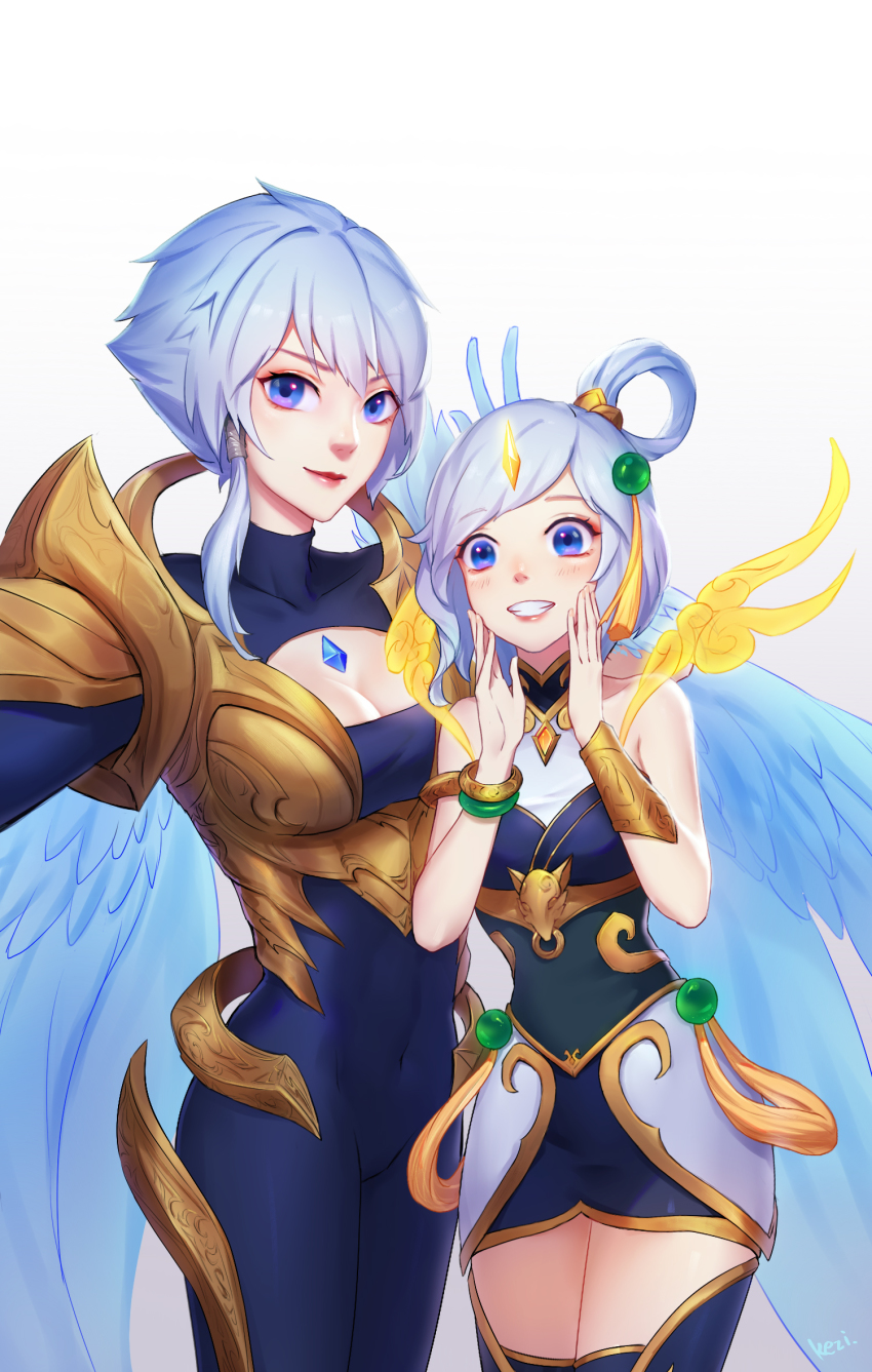 alternate_costume, armlet, bare_shoulders, blue_eyes, bracelet, breasts, cleavage, closed_mouth, covered_navel, dawnbringer_riven, hair_between_eyes, hair_ornament, highres, jewelry, kezi, league_of_legends, looking_at_viewer, lunar_empress_lux, lux_(league_of_legends), medium_breasts, navel, riven_(league_of_legends), short_hair, smile, standing, white_background, white_hair, wings