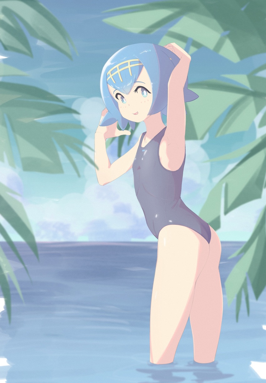 1girl, absurdres, arm_up, armpits, ass, blue_eyes, blue_hair, cloud
