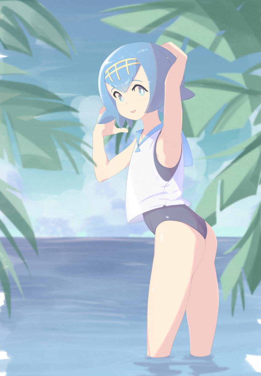 1girl, absurdres, arm_up, armpits, ass, blue_eyes, blue_hair, blue_sailor_collar