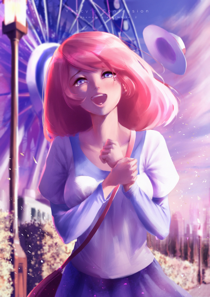 1girl, absurdres, bag, blush, cloud, collarbone, commentary, copyright_name