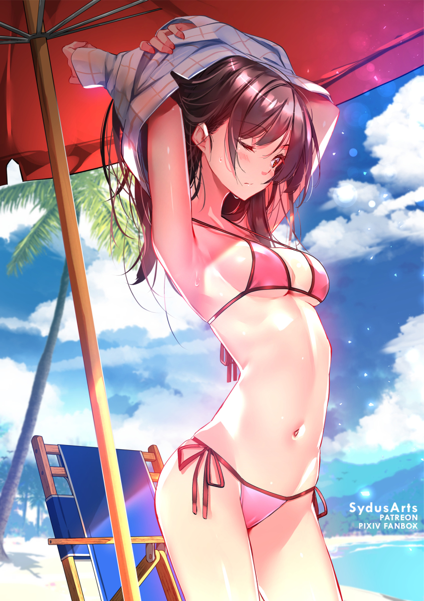1girl, armpits, arms_up, artist_name, bare_shoulders, beach, bikini, blue_sky, blush, breasts, brown_hair, chair, closed_mouth, cloud, cowboy_shot, day, folding_chair, from_side, halterneck, highres, kanojo_okarishimasu, long_hair, long_sleeves, medium_breasts, mizuhara_chizuru, navel, one_eye_closed, outdoors, palm_tree, pink_bikini, pink_ribbon, red_eyes, ribbon, shirt, side-tie_bikini_bottom, sky, solo, stomach, strap_gap, string_bikini, swimsuit, sydus, tree, underboob, undressing, white_shirt