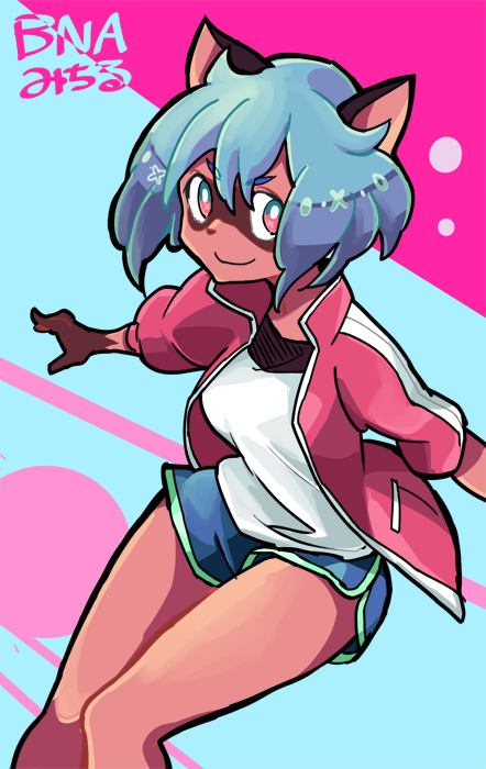 1girl, blue_hair, body_fur, brand_new_animal, cronucia, furry, furry_female, gradient_eyes, jacket, kagemori_michiru, looking_to_the_side, multicolored_eyes, raccoon_girl, raccoon_tail, solo, tail, track_jacket, v-shaped_eyebrows