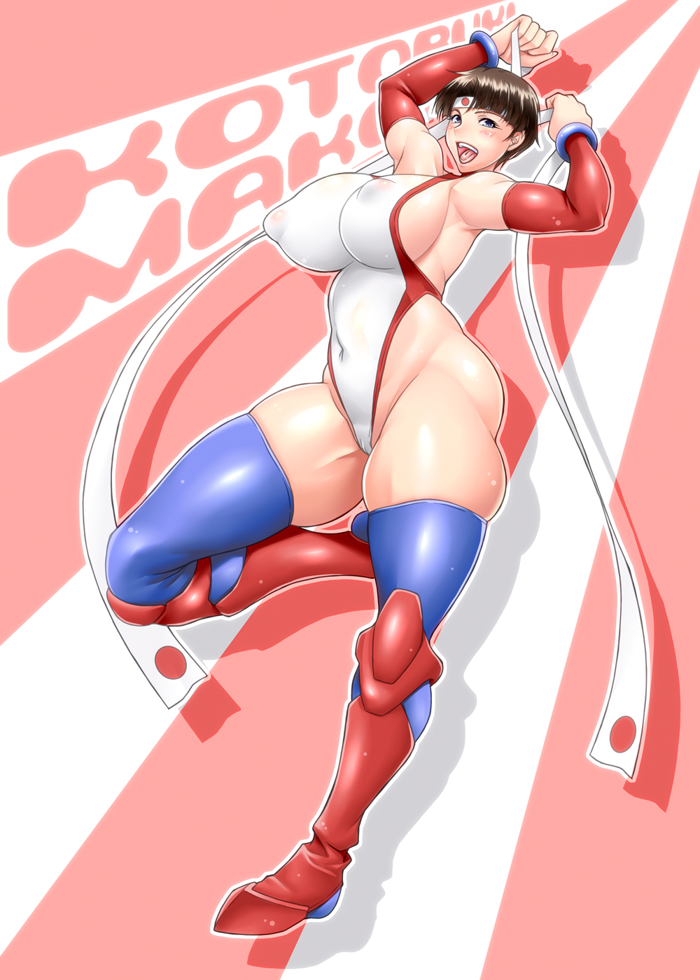 1girl, bodysuit, boots, breasts, brown_hair, character_name, covered_erect_nipples, detached_sleeves