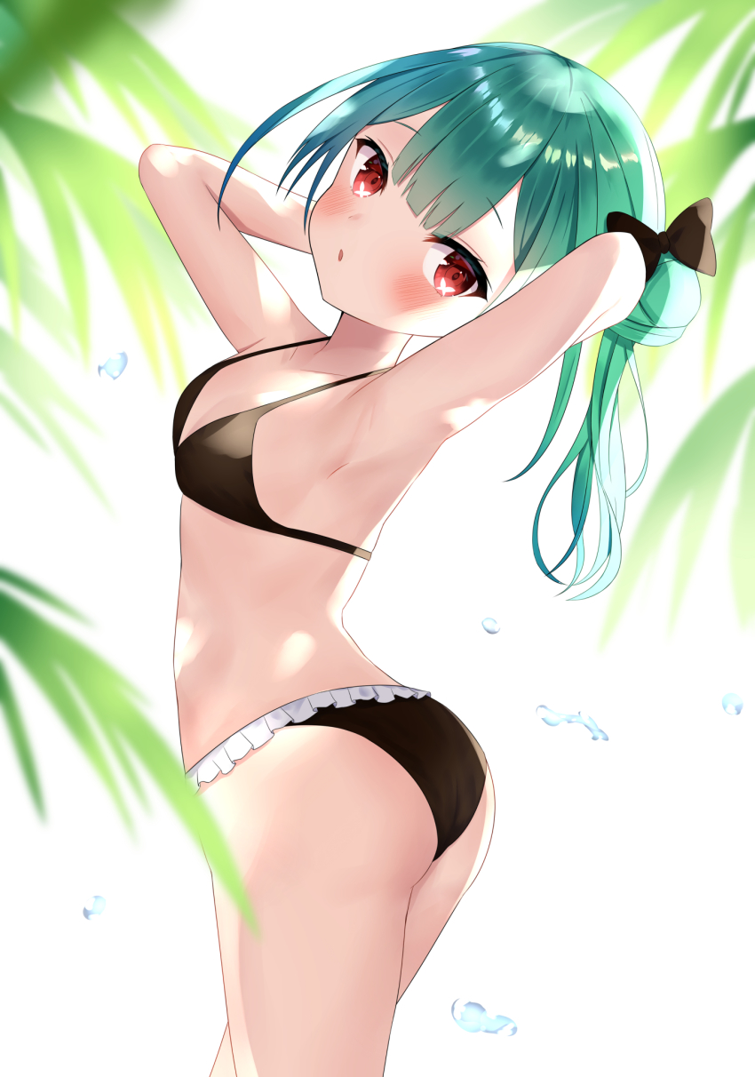 1girl, :o, armpits, arms_behind_back, ass, backlighting, bikini, black_bikini