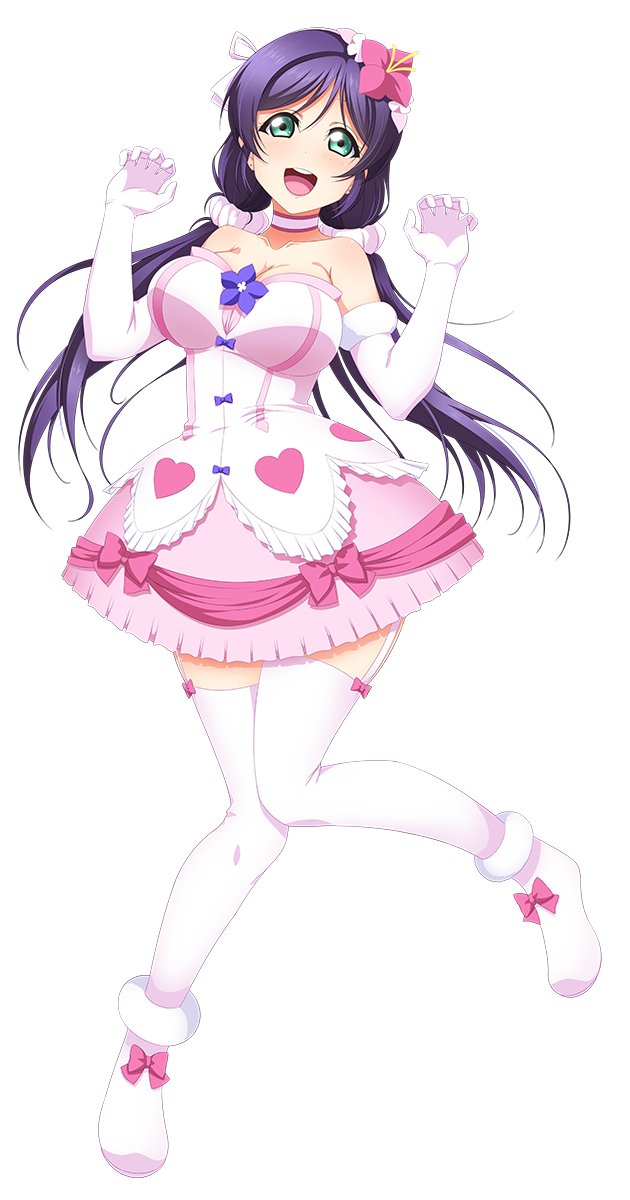 1girl, :d, artist_name, artist_request, bare_shoulders, birthday, blush, bokutachi_wa_hitotsu_no_hikari, boots, bow, braid, breasts, choker, cleavage, collarbone, dress, earrings, elbow_gloves, female_focus, floating_hair, flower, full_body, fur-trimmed_gloves, fur_boots, fur_trim, garter_straps, gloves, green_eyes, hair_between_eyes, hair_flower, hair_ornament, hair_ribbon, hair_scrunchie, hairband, hairbraid, happy_birthday, heart, heart_(symbol), highres, jewelry, large_breasts, long_hair, long_twintails, looking_at_viewer, love_live!, love_live!_school_idol_project, low_twintails, miniskirt, official_style, open_mouth, parted_lips, pink_bow, pink_choker, pink_dress, pink_flower, pink_scrunchie, pink_skirt, purple_bow, purple_flower, purple_hair, ribbon, scrunchie, skirt, smile, solo, thighhighs, tojo_nozomi, transparent_background, twintails, very_long_hair, white_background, white_boots, white_choker, white_dress, white_gloves, white_hairband, white_ribbon, white_scrunchie, white_thighhighs, yu-ta, zettai_ryouiki