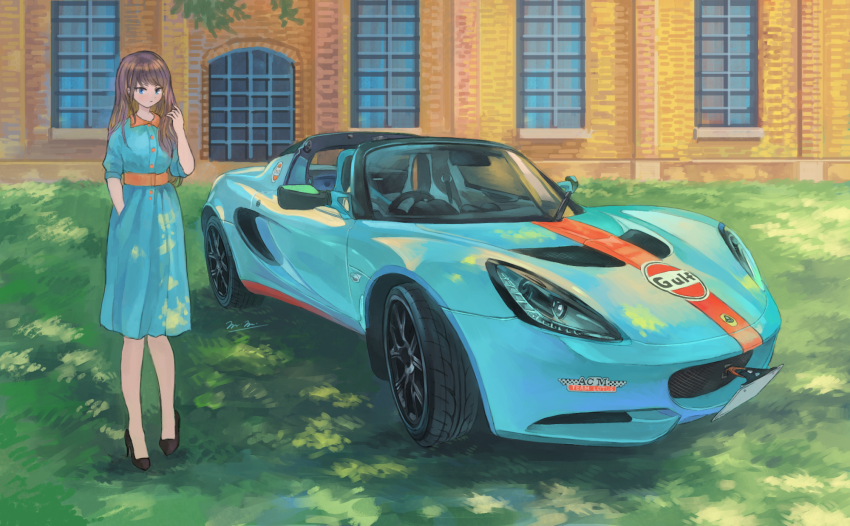 1girl, blue_dress, blue_eyes, brown_hair, car, dress, hand_in_pocket, highres