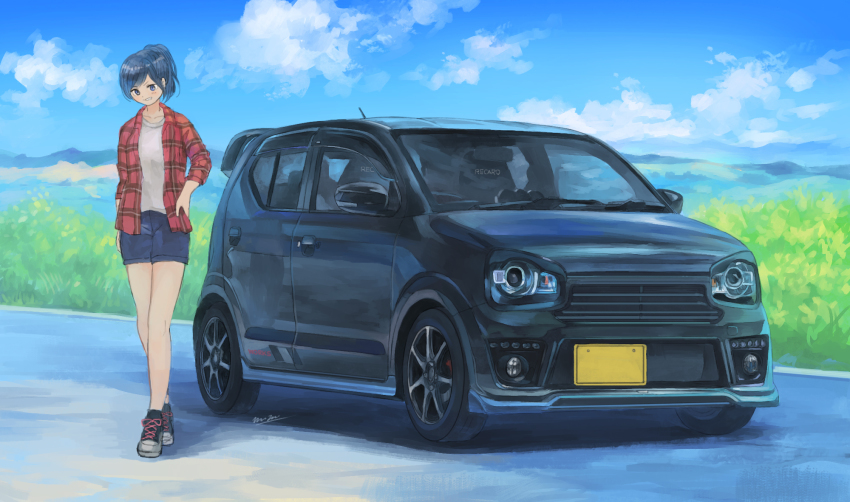 1girl, blue_eyes, blue_hair, car, flannel, highres, looking_down, momo_hiki