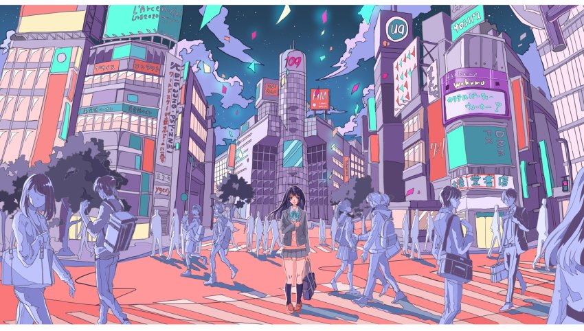 6+boys, 6+girls, backpack, bag, black_hair, blazer, blurry, bow, bowtie, cardigan_vest, city, colorful, commentary, confetti, crosswalk, depth_of_field, faceless, faceless_female, faceless_male, hand_in_pocket, handbag, highres, hood, hooded_jacket, ichigoame, jacket, kneehighs, l'arc~en~ciel, lamppost, long_hair, looking_at_viewer, multiple_boys, multiple_girls, night, original, outdoors, real_world_location, road, scenery, school_bag, school_uniform, serafuku, shibuya_(tokyo), shibuya_109, short_hair, sign, smile, socks, solo_focus, street, tokyo_(city), tree, uniqlo, wind