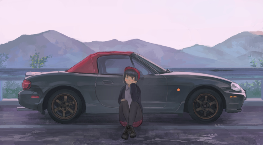 1girl, car, crossed_legs, eunos_roadster, hat, highres, leggings, mazda