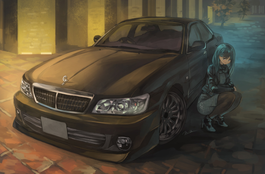 1girl, black_hair, blue_eyes, car, highres, looking_to_the_side, momo_hiki, motor_vehicle, nissan, nissan_laurel, original, pencil_skirt, personification, skirt, squatting, vehicle_and_personification, vehicle_focus
