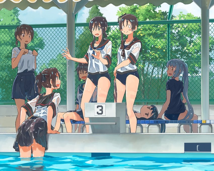 0_0, 6+girls, ayanami_(kancolle), bench, black_hair, black_one-piece_swimsuit, black_sailor_collar, black_skirt