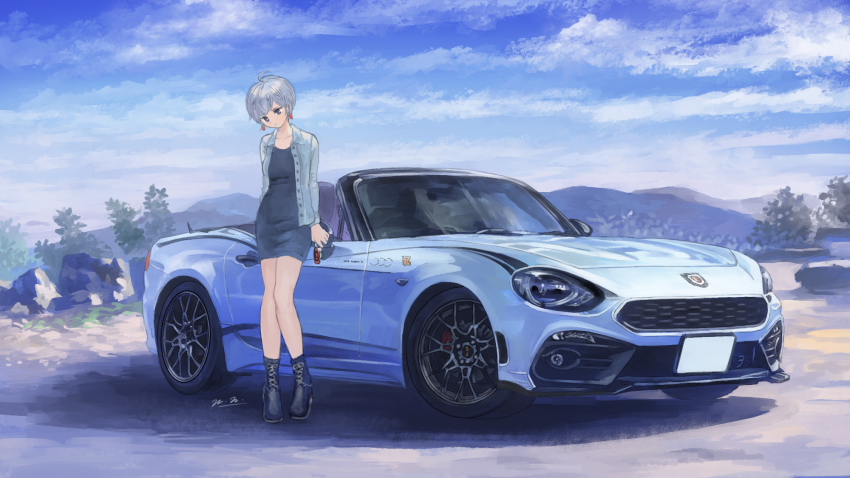 1girl, abarth, abarth_124_spider, black_dress, blue_jacket, car, dress, earrings