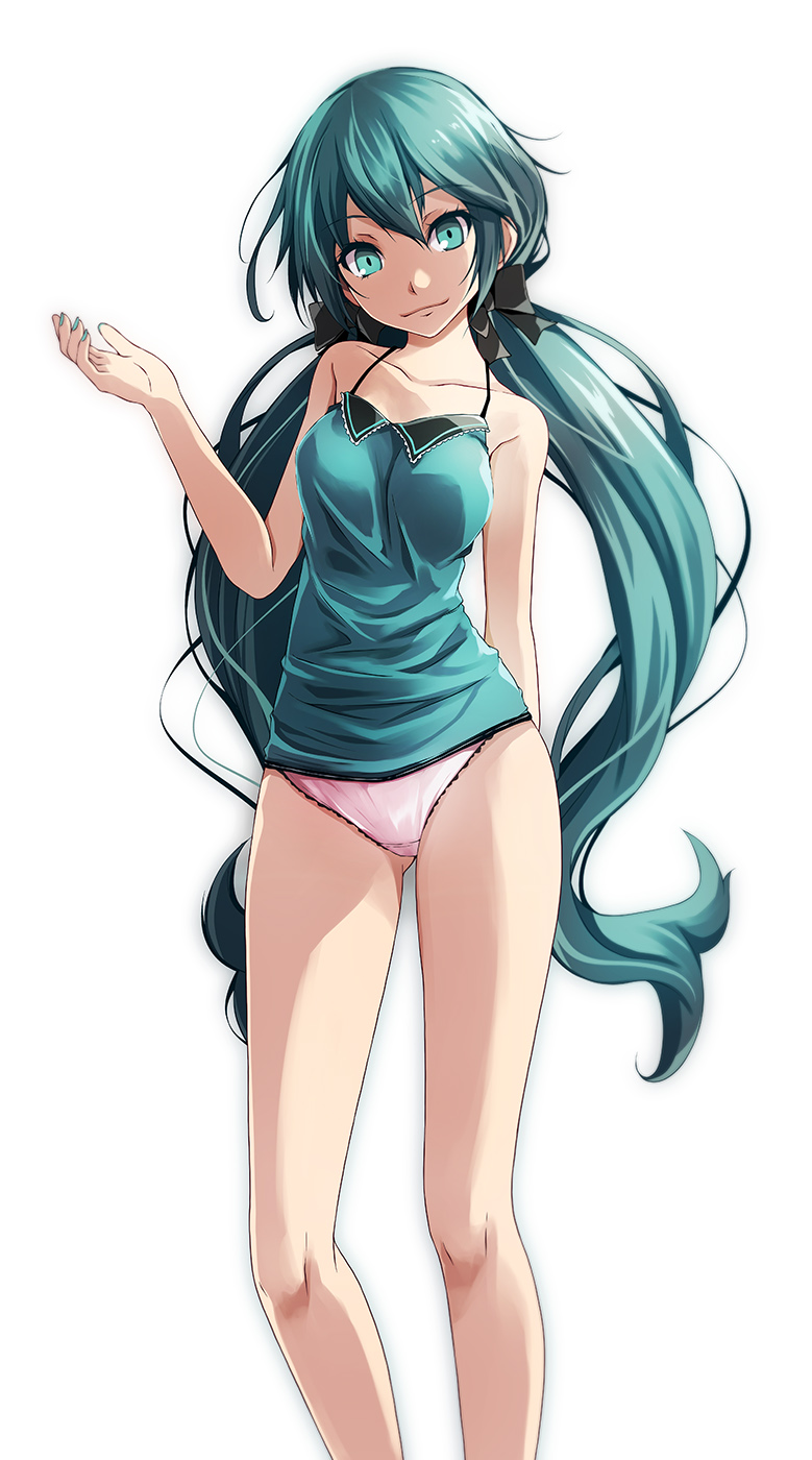1girl, aqua_eyes, arm_behind_back, black_bow, blue_hair, blue_nails, blue_shirt, bow, closed_mouth, collarbone, floating_hair, hatsune_miku_(green_ponpoko), hair_between_eyes, hair_bow, hatsune_miku, head_tilt, highres, kunoichi_demo_koi_ga_shitai_(vocaloid), long_hair, nail_polish, panties, pink_panties, project_diva_(series), shirt, shorts, simple_background, sleeveless, sleeveless_shirt, smile, solo, spaghetti_strap, standing, tsukishiro_saika, twintails, underwear, very_long_hair, vocaloid, white_background