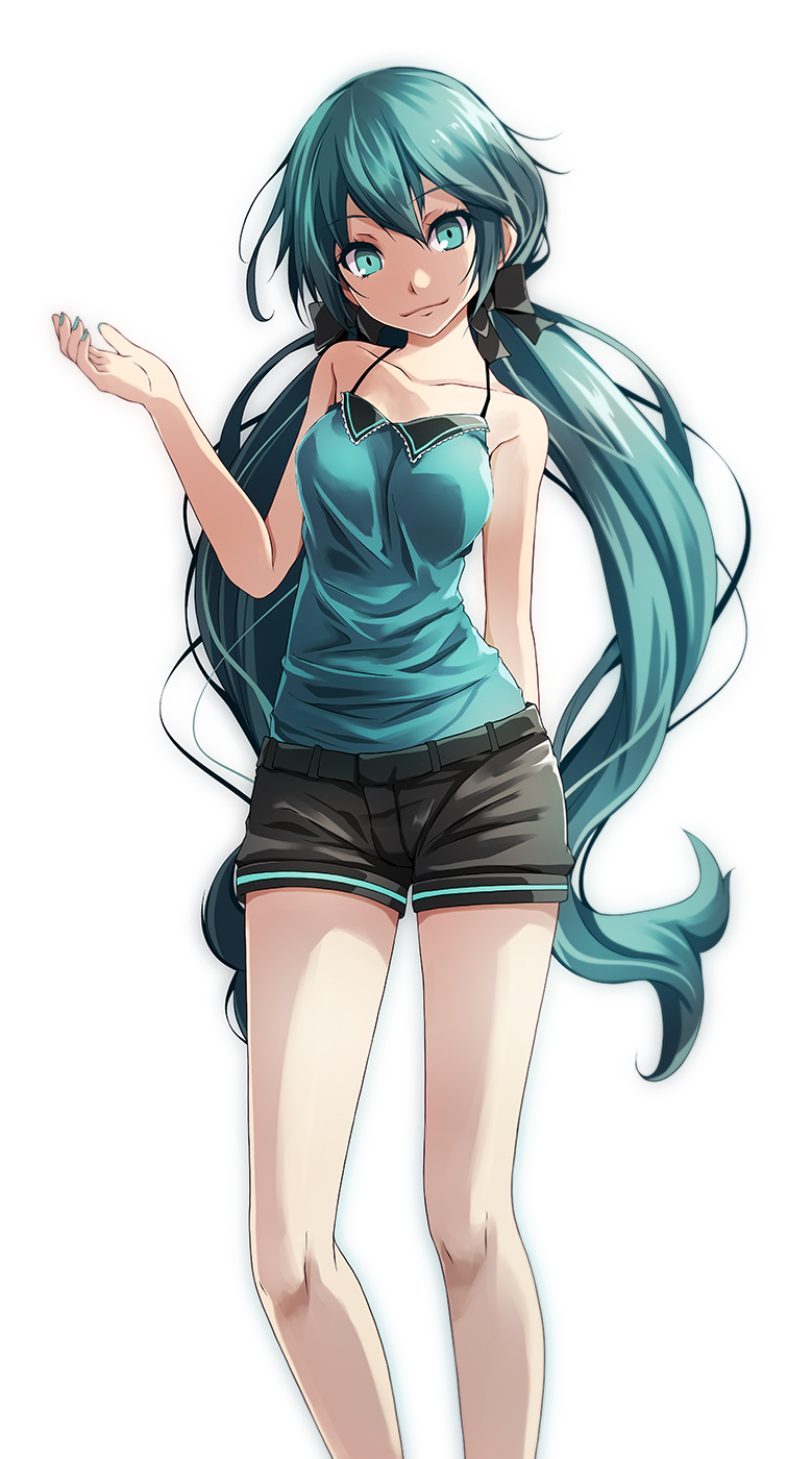 1girl, aqua_eyes, arm_behind_back, black_bow, black_shorts, blue_hair, blue_nails, blue_shirt