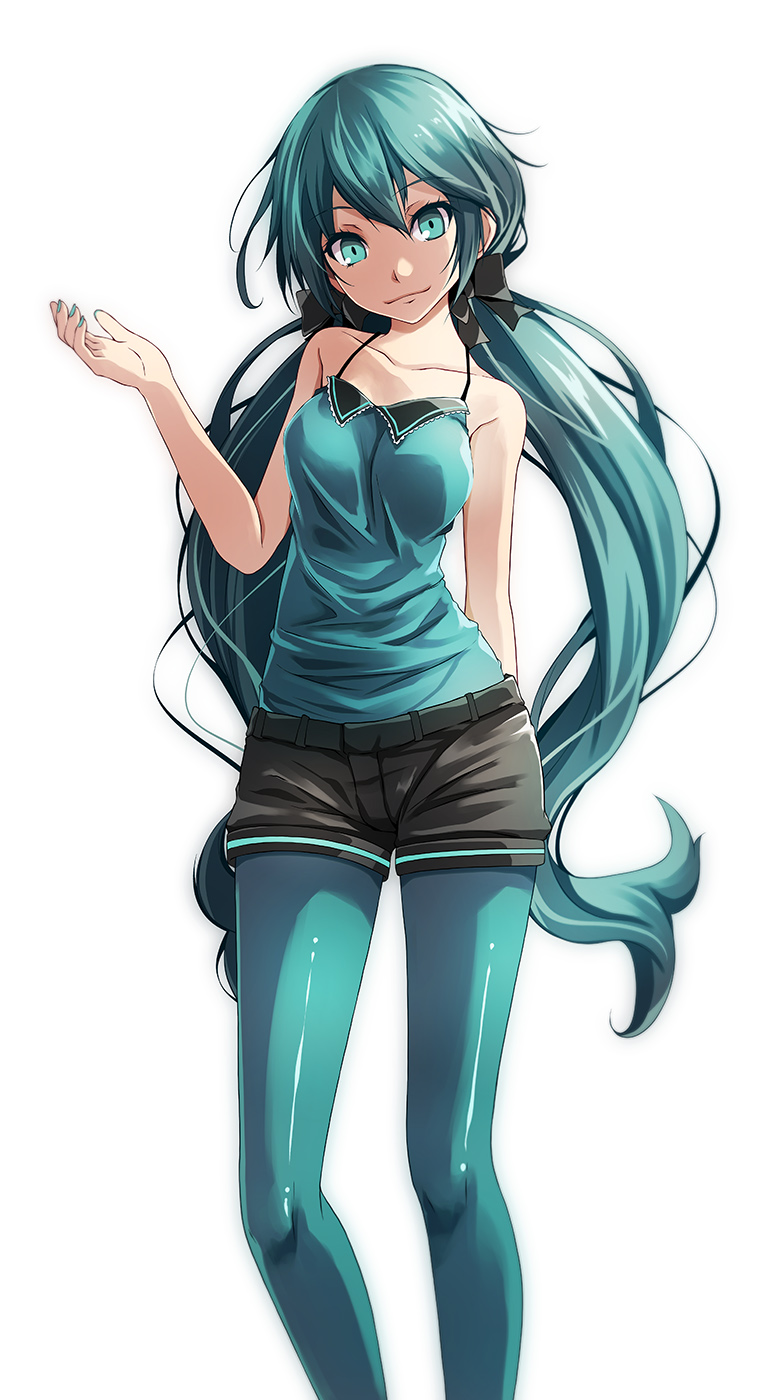 1girl, aqua_eyes, arm_behind_back, black_bow, black_shorts, blue_hair, blue_nails, blue_pantyhose